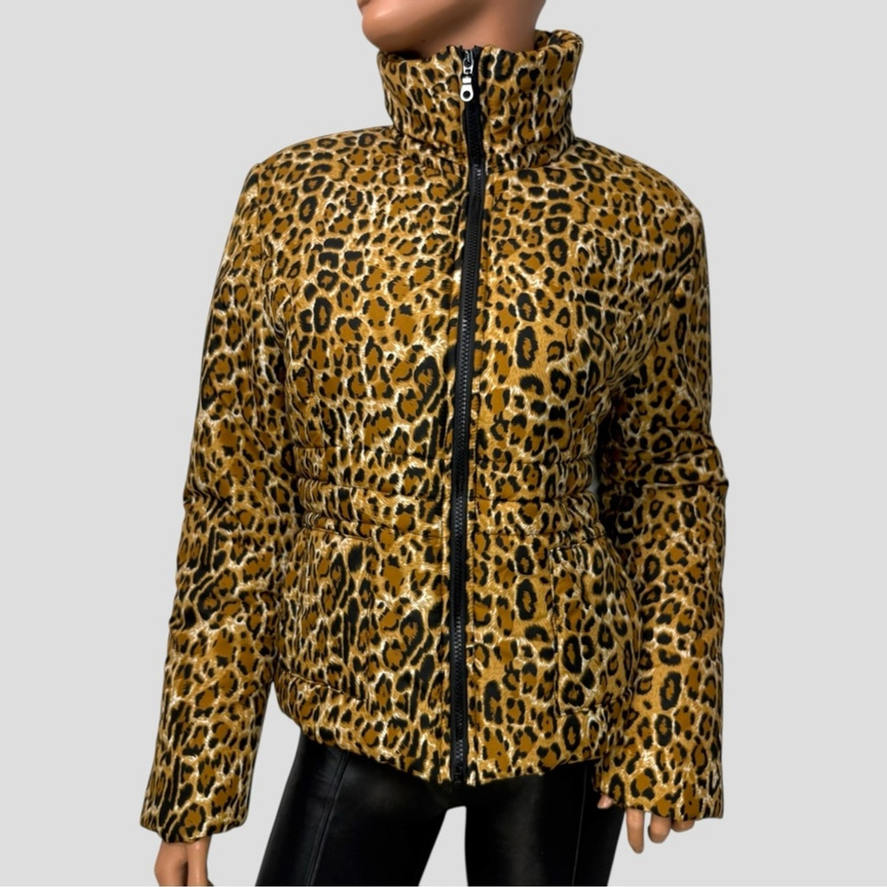 Y2K Leopard Cropped Puffer Jacket S Indie Sleaze Mobwife Apres Ski - Picture 2 of 11
